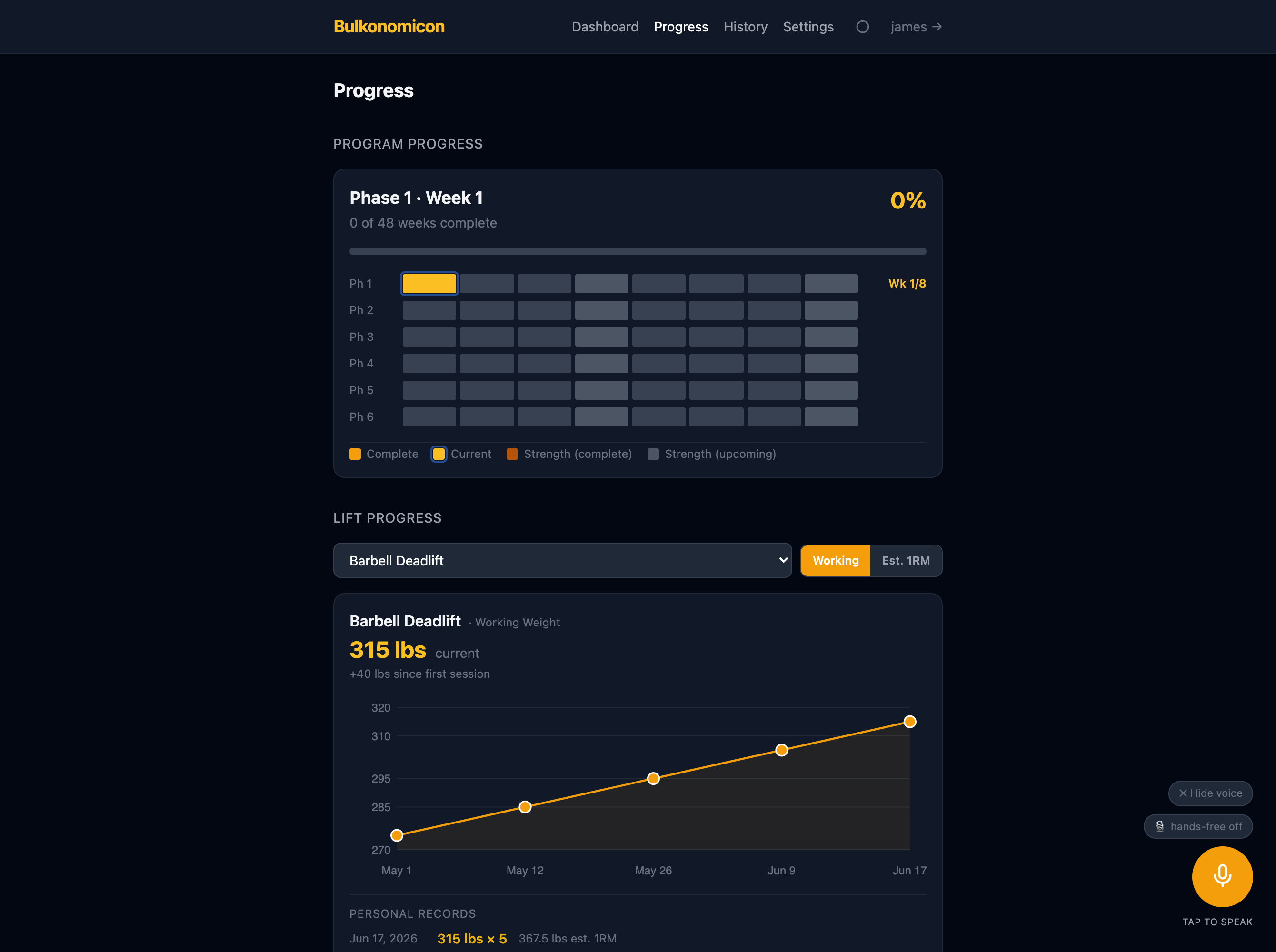 Bulkonomicon progress view: a climbing strength chart for the deadlift, program progress, and personal records